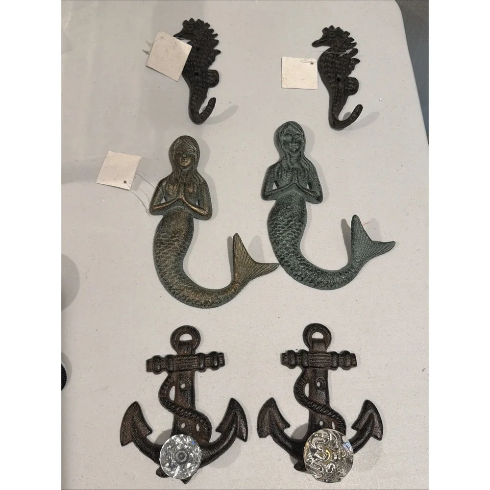 Set Of 6 Nautical Cast Iron Wall Hooks Mermaid Seahorse Anchor New